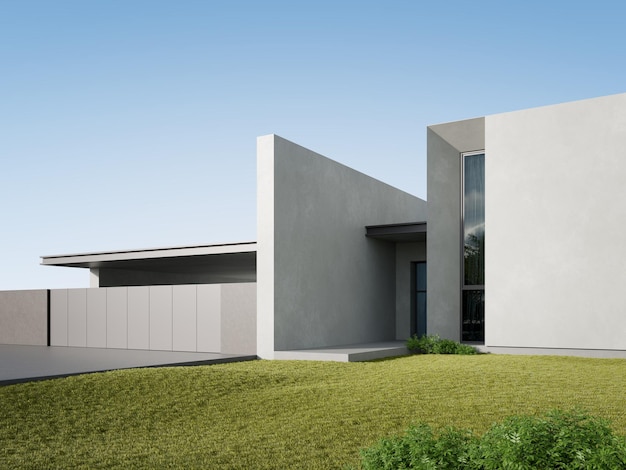 3D-Rendering eines weißen modernen Hauses mit Garage-Eingang Minimalarchitektur