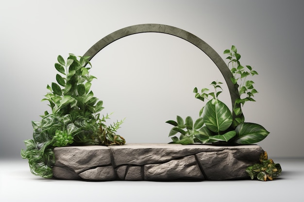 3D-Rendering eines weißen Steinpodiums mit grünen Pflanzen im Hintergrund