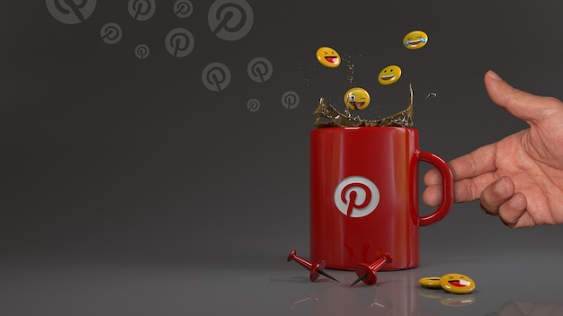 3D-Rendering einiger Emojis, die in eine rote Tasse mit dem Pinterest-Logo vor zwei roten Pins fallen.