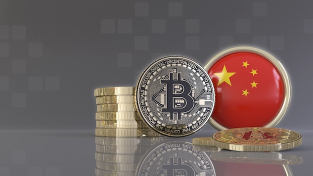 3D-Rendering einiger metallischer Bitcoins vor einem Abzeichen mit der chinesischen Flagge