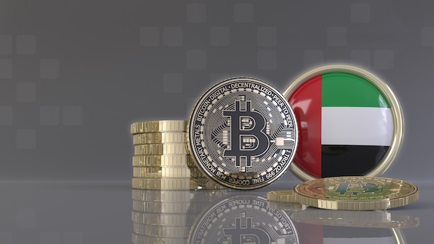 3D-Rendering einiger metallischer Bitcoins vor einem Abzeichen mit der emiratischen Flagge