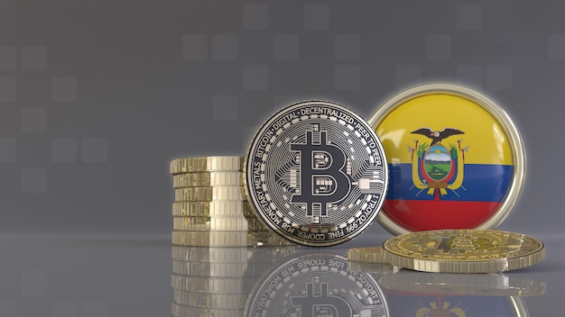 3D-Rendering einiger metallischer Bitcoins vor einem Abzeichen mit der Flagge von Ecuador