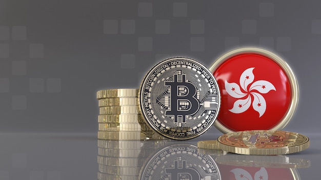 3D-Rendering einiger metallischer Bitcoins vor einem Abzeichen mit der Hongkonger Flagge