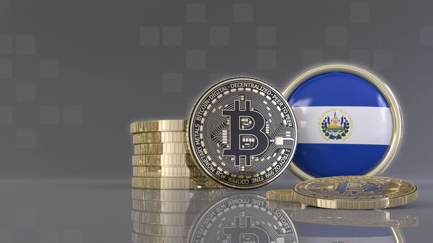 3D-Rendering einiger metallischer Bitcoins vor einem Abzeichen mit der salvadorianischen Flagge
