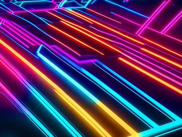 Foto 3d-rendering farbige neonlinien, die im dunkeln leuchten abstrakt minimalistisch geometrischer hintergrund futuristisch