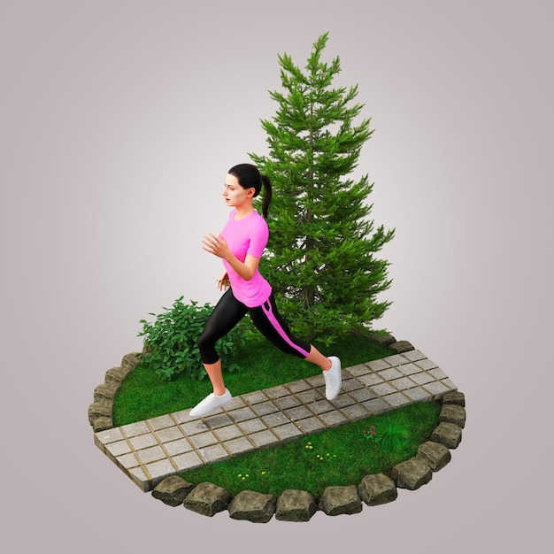 3d rendering fit mulheres jovens em rosa correndo em um parque jogging and running concept top view