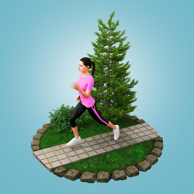 3D-Rendering Fitte junge Frauen in Pink, die in einem Park laufen Jogging- und Laufkonzept Top View