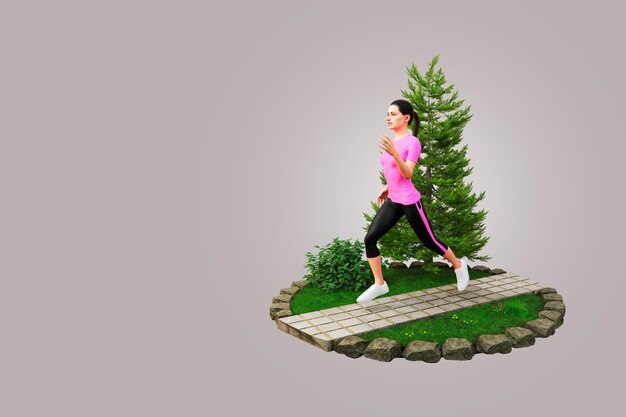 3D-Rendering Fitte junge Frauen in Pink, die in einem Park laufen Jogging- und Laufkonzept Vorderansicht