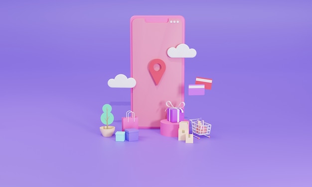 3D rendering flat illustration Loja de compras online em aplicativo móvel do smartphone.