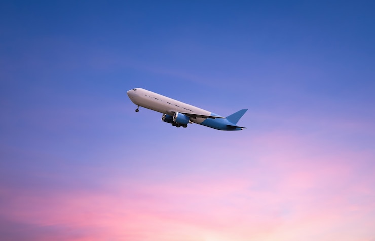 Foto 3d-rendering fliegendes flugzeug auf dämmerung himmelshintergrund