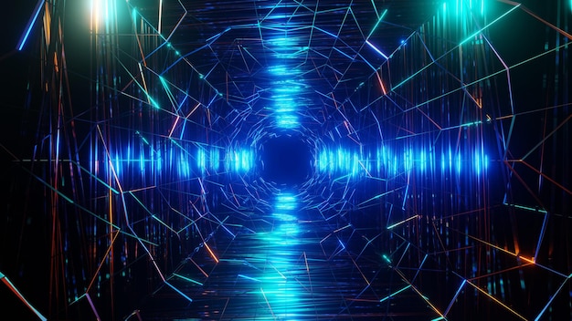 3D-Rendering Flug in abstraktem Scifi-Tunnel Futuristische Motion Graphics High-Tech-Hintergrund Time Warp-Portal Lightspeed Hyperspace-Konzept Leuchtende Hi-Tech-Textur Cyberpunk