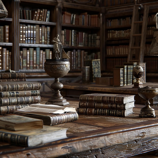 3D-Rendering-Foto von alten Büchern schmückt die Bibliothek sorgfältig mit Klassikern