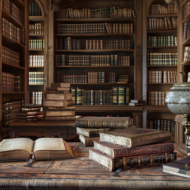 3D-Rendering-Foto von alten Büchern schmückt die Bibliothek sorgfältig mit Klassikern