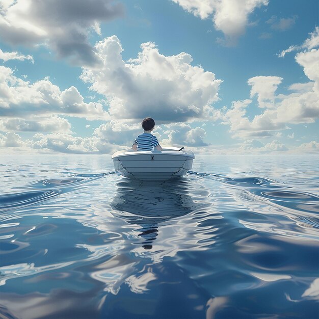 3D-Rendering-Foto von Boy Enjoy Driving A Boat In The Middle of the Sea