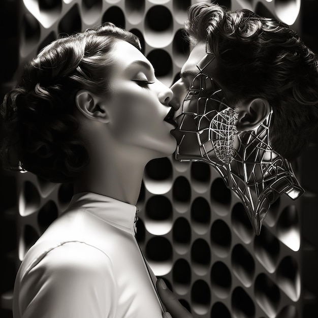 3D-Rendering-Foto von einem schwarz-weißen Kussporträt eines Paares