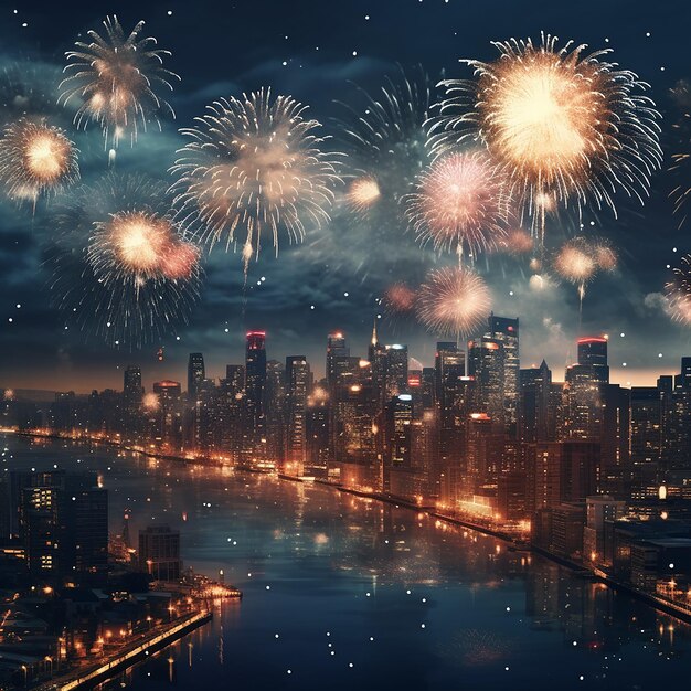 Foto 3d-rendering-foto von neujahrsfeuerwerk in der stadt