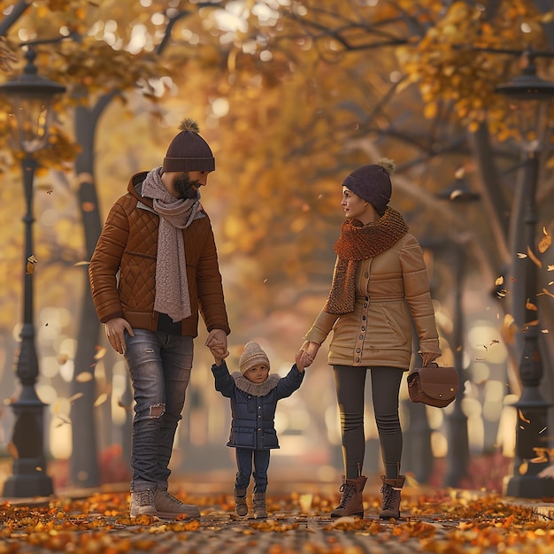 3D-Rendering Foto von süßer und stilvoller Familie in einem Herbstpark