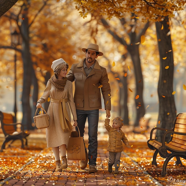 3D-Rendering Foto von süßer und stilvoller Familie in einem Herbstpark