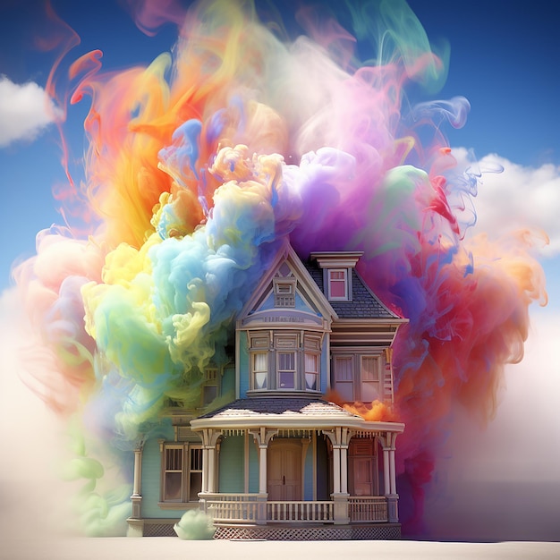 3D-Rendering fotorealistischer farbenfroher Rauch auf dem Haus