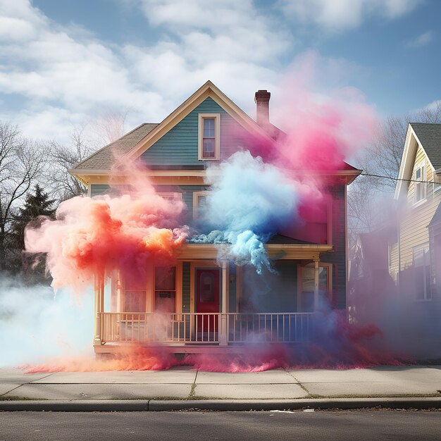Foto 3d-rendering fotorealistischer farbenfroher rauch auf dem haus