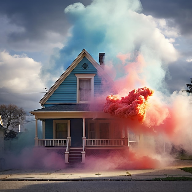 3D-Rendering fotorealistischer farbenfroher Rauch auf dem Haus