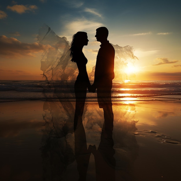 3D-Rendering-Fotos von Silhouetten von Paaren am Strand