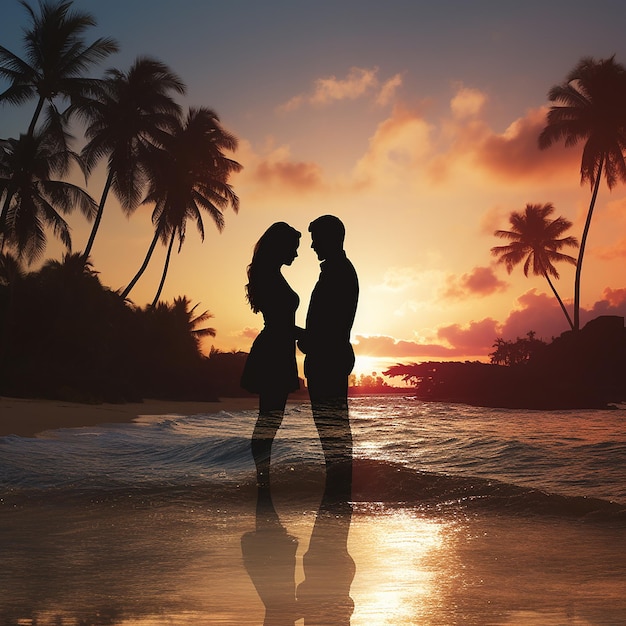 3D-Rendering-Fotos von Silhouetten von Paaren am Strand