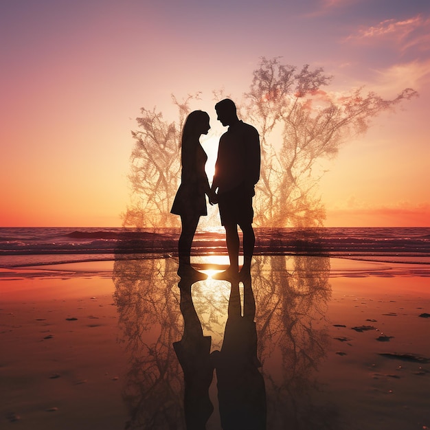 3D-Rendering-Fotos von Silhouetten von Paaren am Strand