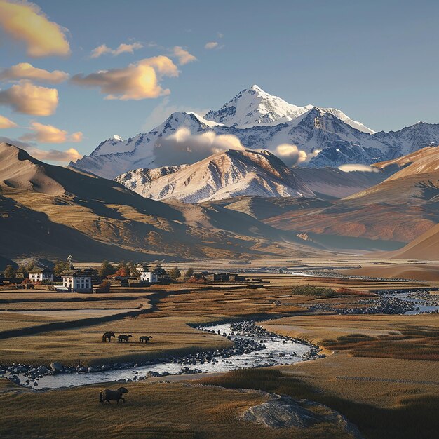 3D-Rendering-Fotos von wunderschönen warmen Farbschwemmungen in Tibet Landschaft Naturansicht