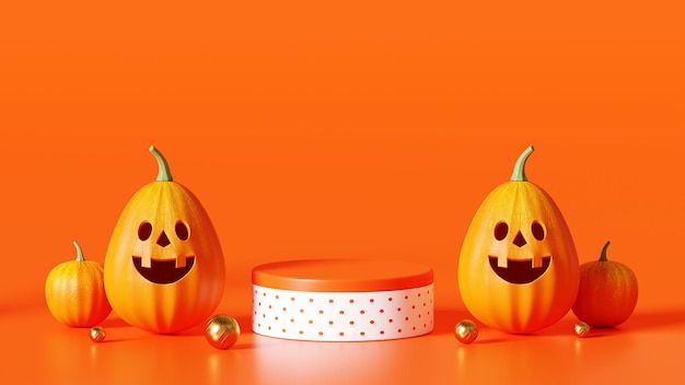 3D-Rendering Fröhliches Halloween, Podium Pumpkin auf orangefarbenem Hintergrund, 31. Oktober, Kopierraum
