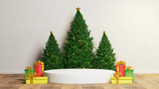 3d-rendering frohe weihnachten podium produktstand verkauf mit baum und geschenkbox