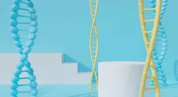 3D-Rendering für das Display-Podest. DNA-Molekül auf blauem Wandhintergrund