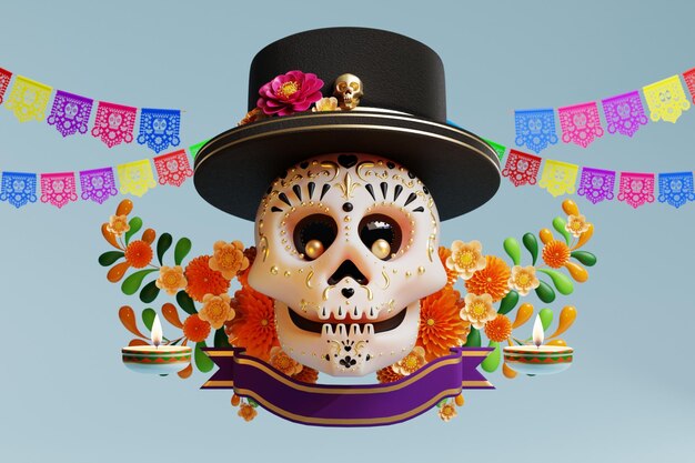 3D-Rendering für den Tag der Toten Dia de muertos Altarkonzept Komposition aus niedlichen Zuckerschädeln