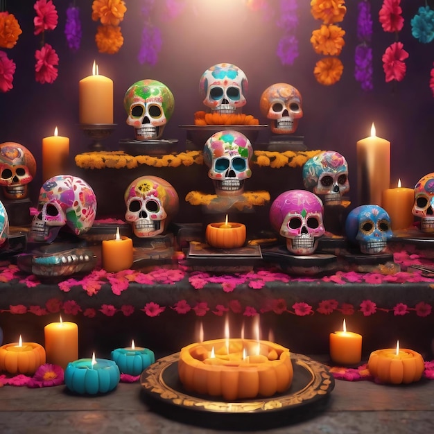 3D-Rendering für den Tag der Toten Dia de muertos Altarkonzept Zusammensetzung von niedlichen Zuckerschädeln