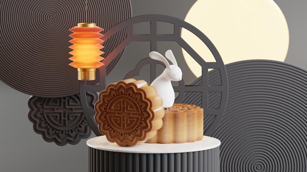 3D-Rendering für Mittherbstfestferien oder chinesische Neujahrsfeste mit Laternen, Blumen, Mond, Kaninchen, Mondkuchen, Teekanne und asiatischen Elementen im Hintergrund