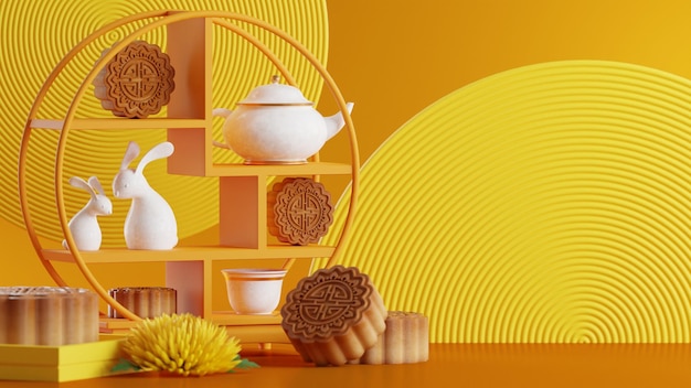 3D-Rendering für Mittherbstfestferien oder chinesische Neujahrsfeste mit Laternen, Blumen, Mond, Kaninchen, Mondkuchen, Teekanne und asiatischen Elementen im Hintergrund