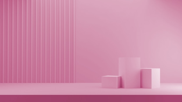 3D-Rendering für Shop-Anzeige. drei podiumrosa Würfel in Pastellfarben und gestreiftem Hintergrund.