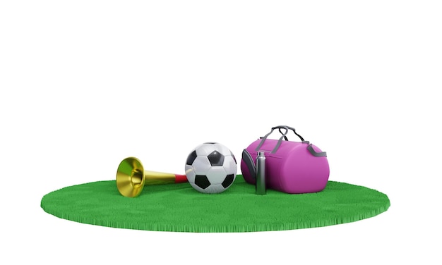 3D-Rendering Fußball liefert Ballbeutel Vuvuzela und eine Flasche Wasser