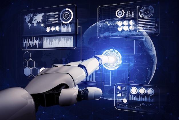 3D-Rendering Futuristische Robotertechnologie Entwicklung künstliche Intelligenz KI und maschinelles Lernen Konzept Globale Robotik bionische Wissenschaft Forschung für das zukünftige menschliche Leben 3D-Illustration