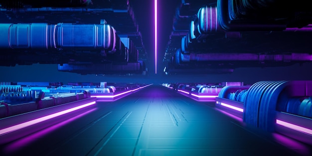 3d-rendering futuristischer metall-sci-fi-korridor mit blauem und rosa neonlicht.