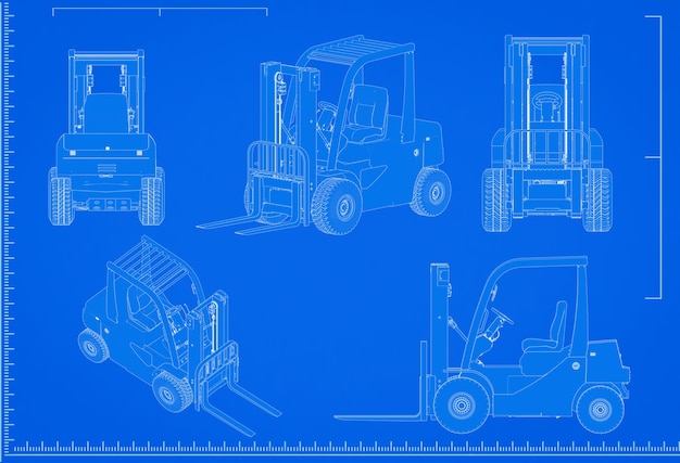 3D-Rendering Gabelstapler Blaupause mit Skala auf blauem Hintergrund