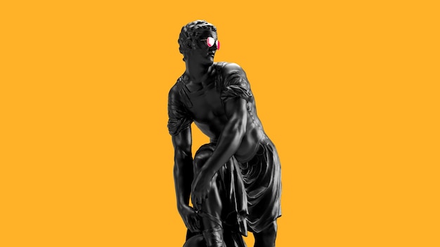 3D-Rendering gebogene Skulptur eines Mannes in kontrastierenden Farben von Gelb und Schwarz, die Schnürsenkel binden