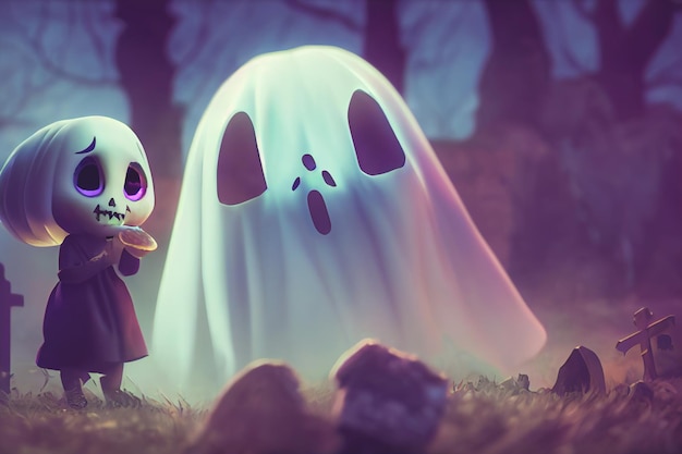 3D-Rendering-Geist als niedliche Chibi-Figur auf einem Friedhof für Halloween. Fröhliche Halloween-Tapete