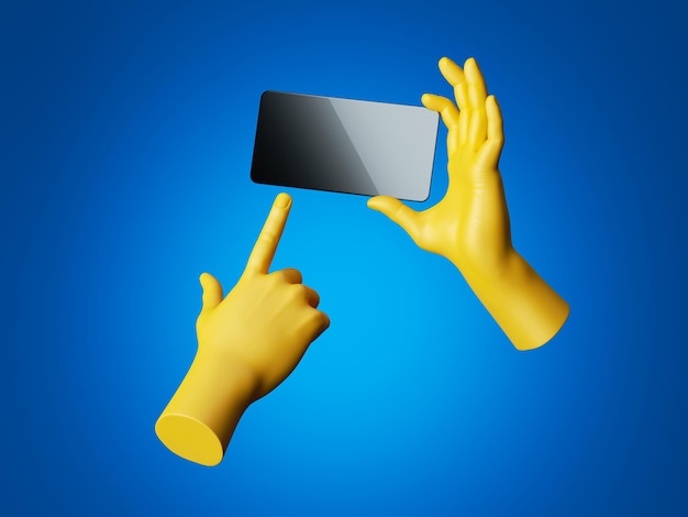 3D-Rendering gelbe Hände halten schwarzes Smartphone mit glänzendem Touchscreen