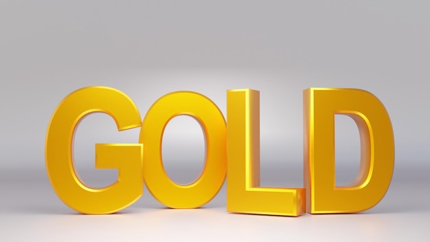 3D-Rendering Glänzender Goldtext auf weißem Hintergrund mit Reflektion