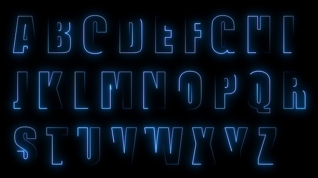 3D-Rendering-Glüheffekte der Konturen der Großbuchstaben des englischen Alphabets