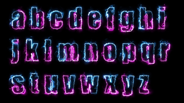 3D-Rendering-Glüheffekte der Konturen der Kleinbuchstaben des englischen Alphabets