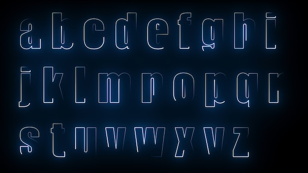 3D-Rendering-Glüheffekte der Konturen der Kleinbuchstaben des englischen Alphabets