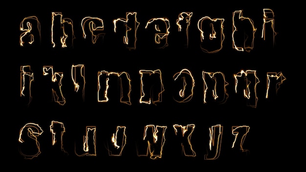 3D-Rendering-Glüheffekte der Konturen der Kleinbuchstaben des englischen Alphabets