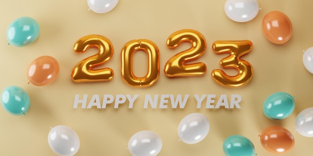 3D-Rendering goldene Textnummer 2023 und weiße Luftballonzusammensetzung auf orangefarbenem Hintergrund